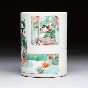 A Chinese famille verte 'Xi Xiang Ji' brush pot, Xue Gu Zhai 學古齋 mark, 19th C. — photo 3