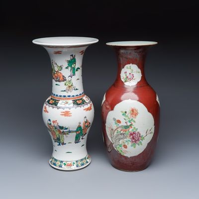 A Chinese famille verte 'Yenyen' vase and a famille rose red-ground vase, 19th C.