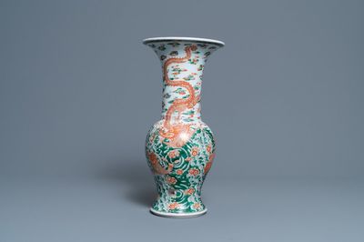 A Chinese famille verte 'yenyen' vase with a dragon and carps, Kangxi mark, 19th C.