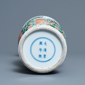 A Chinese famille verte 'yenyen' vase with a dragon and carps, Kangxi mark, 19th C. — photo 6