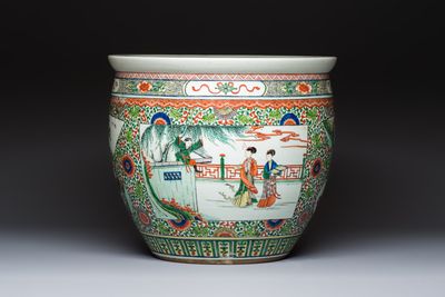 A Chinese famille verte 'Zhu Lin Qi Xian 竹林七賢' and 'Xi Xiang Ji' fish bowl or jardinière, 19th C.