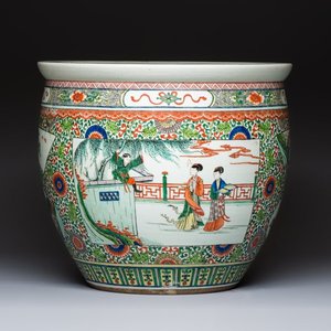 A Chinese famille verte 'Zhu Lin Qi Xian 竹林七賢' and 'Xi Xiang Ji' fish bowl or jardinière, 19th C. — photo 1