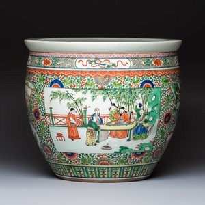 A Chinese famille verte 'Zhu Lin Qi Xian 竹林七賢' and 'Xi Xiang Ji' fish bowl or jardinière, 19th C. — photo 3