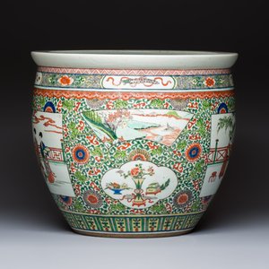A Chinese famille verte 'Zhu Lin Qi Xian 竹林七賢' and 'Xi Xiang Ji' fish bowl or jardinière, 19th C. — photo 4