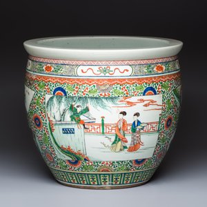 A Chinese famille verte 'Zhu Lin Qi Xian 竹林七賢' and 'Xi Xiang Ji' fish bowl or jardinière, 19th C. — photo 5