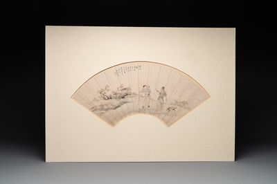 A Chinese fan with folk tale, ink and colour on paper, signed Yuan Qichao 袁啟潮, 19th C.