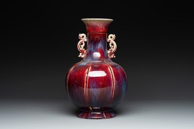 A Chinese flambé-glazed vase with archaistic dragon handles, 19th C.