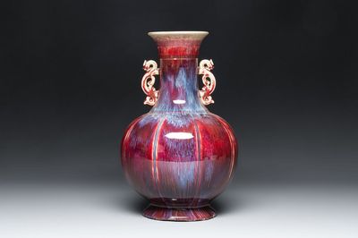 A Chinese flambé-glazed vase with 'chilong' handles, 19th C.