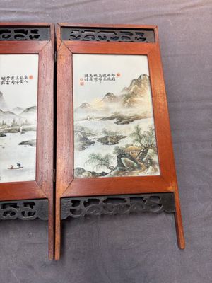 A Chinese four-fold wooden table screen with qianjian cai plaques, 20th C. — foto 5