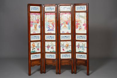 A Chinese four-part folding screen with famille rose plaques, 19th C.