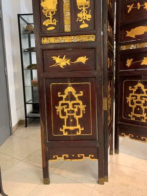 A Chinese four-part reticulated and partially gilt wooden folding screen, 19th C. — photo 11