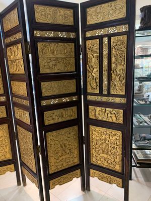 A Chinese four-part reticulated and partially gilt wooden folding screen, 19th C. — photo 21