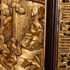A Chinese four-part reticulated and partially gilt wooden folding screen, 19th C. — photo 6