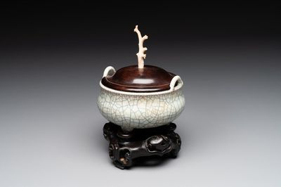 A Chinese ge-type censer with wooden stand and cover, Qianlong