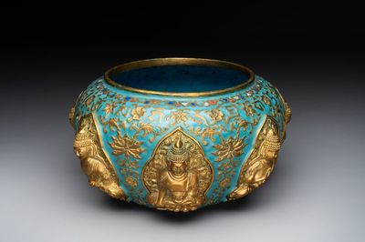 A Chinese gilt and champlevé enamelled bronze bowl with Buddhas in relief, 19/20th C.