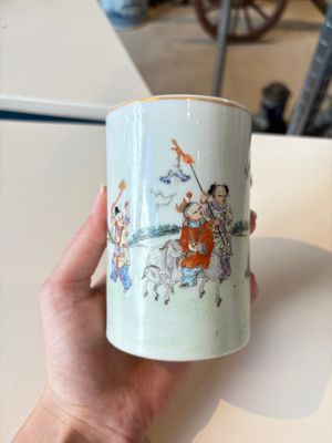A Chinese gilt- and iron-red-decorated white-glazed Milefo Buddha, a famille rose vase and a brush pot, Qianlong and Xue Changseng 薛長森 mark, 20th C. — photo 4