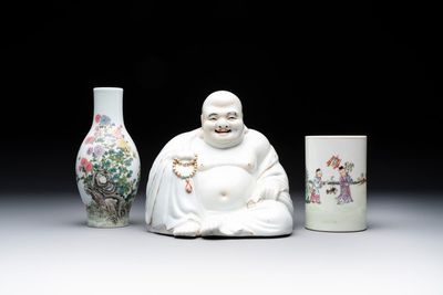 A Chinese gilt- and iron-red-decorated white-glazed Milefo Buddha, a famille rose vase and a brush pot, Qianlong and Xue Changseng 薛長森 mark, 20th C.