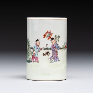 A Chinese gilt- and iron-red-decorated white-glazed Milefo Buddha, a famille rose vase and a brush pot, Qianlong and Xue Changseng 薛長森 mark, 20th C. — photo 16