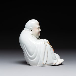 A Chinese gilt- and iron-red-decorated white-glazed Milefo Buddha, a famille rose vase and a brush pot, Qianlong and Xue Changseng 薛長森 mark, 20th C. — photo 5
