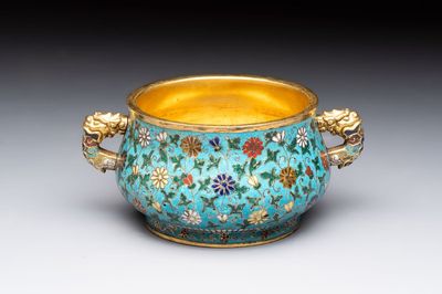 A Chinese gilt-bronze cloisonné censer with floral design, double vajra mark, 19/20th C.