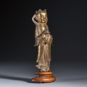 A Chinese gilt-bronze figure of Longnu on a wooden stand — photo 1