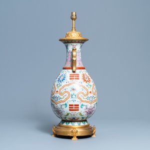 A Chinese gilt bronze lamp-mounted famille rose 'trigrams' vase, Yongzheng mark, Republic — photo 4