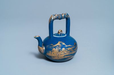 A Chinese gilt-decorated blue-ground teapot and cover, Qianlong mark and of the period