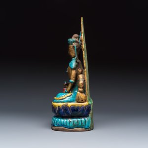 A Chinese gilt-decorated Fahua-glazed stoneware 'Bodhisattva with Attendants' group — photo 3