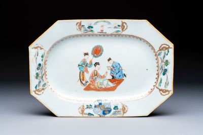 A Chinese gilt-decorated famille rose armorial dish with the arms of Gordon quartering Forbes for the English market, Qianlong, ca. 1745