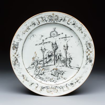 A Chinese gilt-decorated grisaille 'Crucifixion' plate, Qianlong