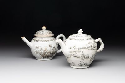A Chinese gilt-decorated grisaille 'European subject' teapot and a 'flower basket' teapot, Qianlong