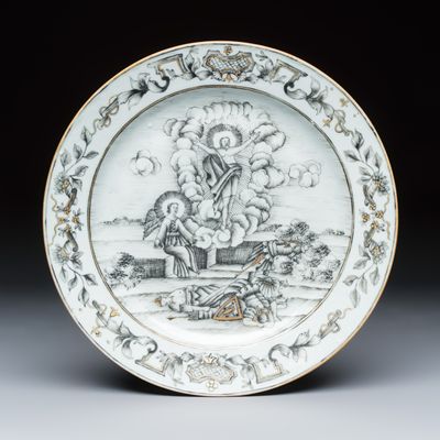 A Chinese gilt-decorated grisaille 'Resurrection' plate, Qianlong