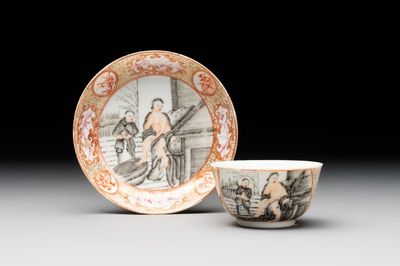 A Chinese gilt-decorated grisaille semi-erotic 'European subject' cup and saucer, Qianlong, ca. 1755