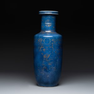 A Chinese gilt-decorated powder blue 'dragon and phoenix' rouleau vase, Kangxi — photo 4