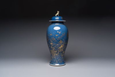 A Chinese gilt-decorated powder-blue-ground 'Phoenix among Blossoming Branches' vase, Qianlong