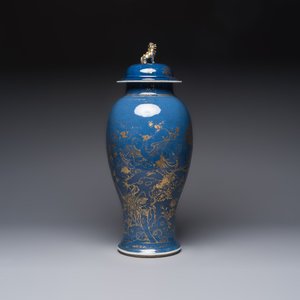 A Chinese gilt-decorated powder-blue-ground 'Phoenix among Blossoming Branches' vase, Qianlong — photo 1