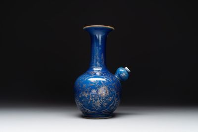 A Chinese gilt-decorated powder-blue kendi with floral design, Kangxi