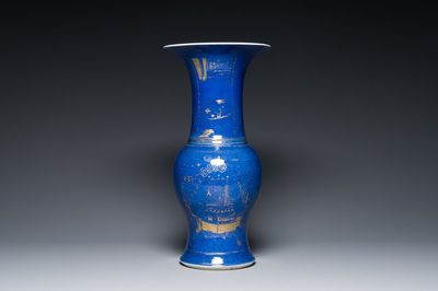 A Chinese gilt-decorated powder blue 'yenyen' vase, Kangxi