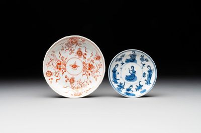 A Chinese gilt iron-red saucer and a blue and white saucer, Johanneum marks, ex-collection of August the Strong, Kangxi