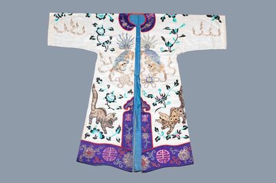 A Chinese gilt-metal embroidered silk 'animals' children's robe, 19/20th C.