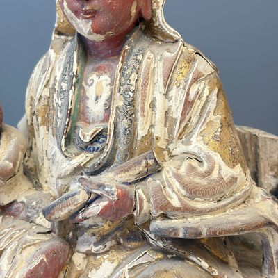 A Chinese gilt-polychromed carved wooden group of Guanyin and child — photo 7