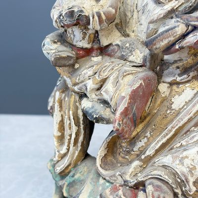 A Chinese gilt-polychromed carved wooden group of Guanyin and child — photo 8