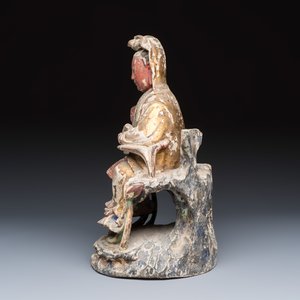 A Chinese gilt-polychromed carved wooden group of Guanyin and child — photo 3