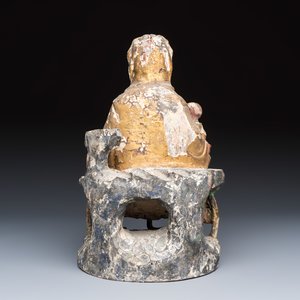 A Chinese gilt-polychromed carved wooden group of Guanyin and child — photo 4
