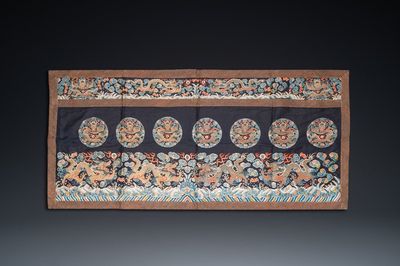 A Chinese gold- and silver-thread-embroidered silk panel with dragons, Qing