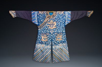 A Chinese gold thread embroidered blue-ground silk 'dragon' robe, 19th C.