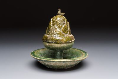 A Chinese green-glazed pottery 'Boshanlu' stemmed censer and cover, Han
