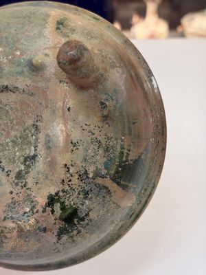 A Chinese green-glazed pottery ritual tripod food vessel with handles, 'Ding 鼎', Han — photo 14