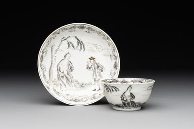 A Chinese grisaille and gilt-decorated 'European subject' cup and saucer, Qianlong