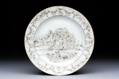 A Chinese grisaille and gilt-decorated 'Nativity' plate, Qianlong